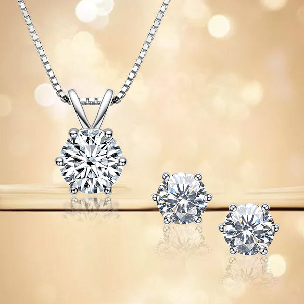 Elegant Moissanite  White Gold 6 Prong Round Cut 2PC Jewelry Set in Sterling Silver