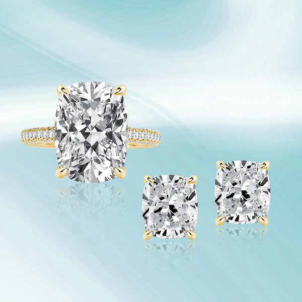 Desirable Yellow Gold Crushed Ice Cushion Cut 2PC Jewelry Set in Sterling Silver