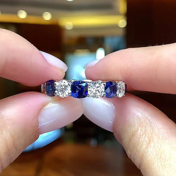 Unique Blue & White Sapphire Wedding Band  in Sterling Silver
