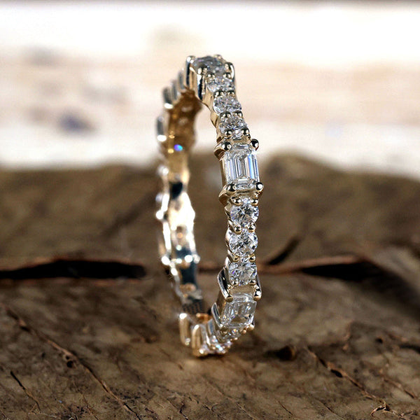Unique Yellow Gold Emerald & Round Cut Diamond Wedding Band in Sterling Silver