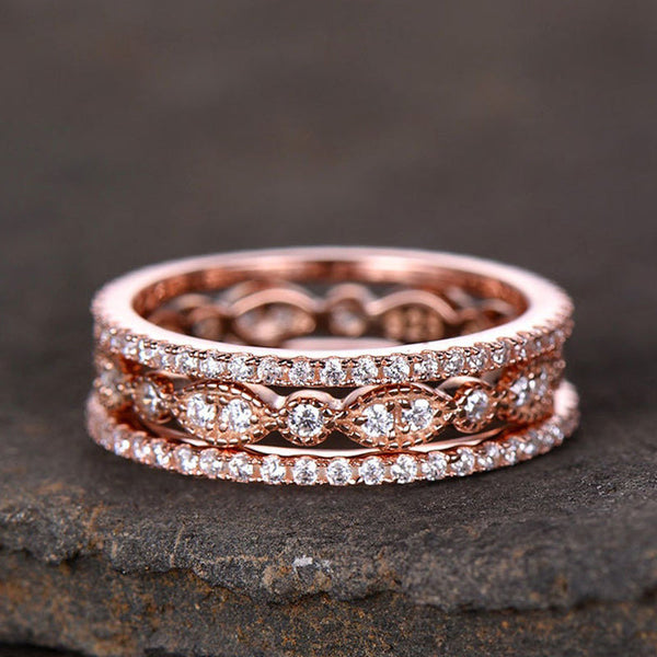 Round cut 3PC Stackable Wedding Band Set in Sterling Silver
