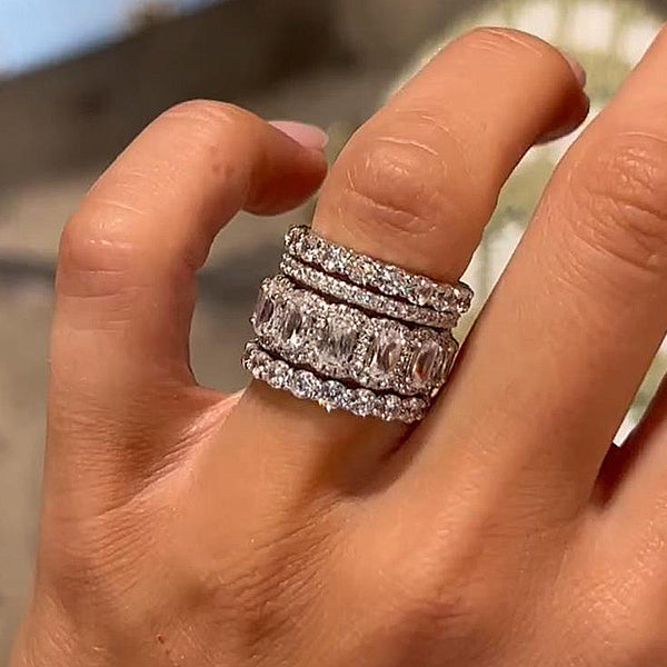 4PC Luxurious Cushion Cut Women's Wedding Band Set in Sterling Silver